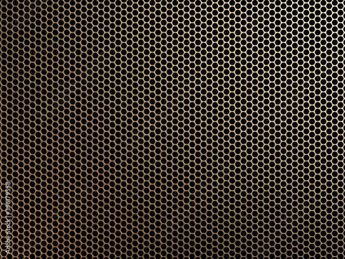 Brass metal grille background. Perforated brass metal, 3d
