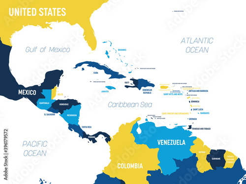 Central America map - brown orange hue colored on dark background. High detailed political map Central American and Caribbean region with country, ocean and sea names labeling