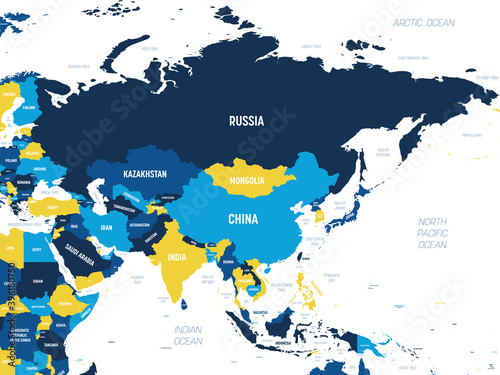 Asia - brown orange hue colored on dark background. High detailed political map of asian continent with country, ocean and sea names labeling