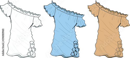 Flat sketch dress design for girls in 3 variants.