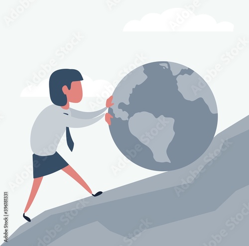 Businesswoman rolling Earth planet up the hill. Shades of gray. Vector illustration flat design