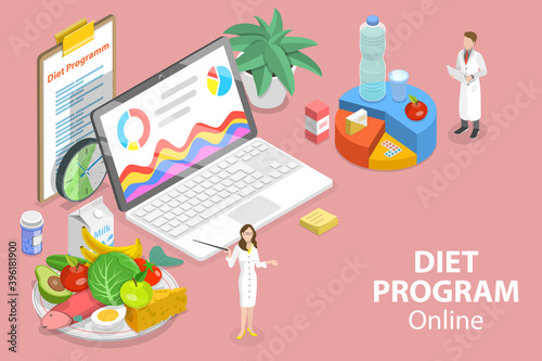 3D Isometric Flat Vector Conceptual Illustration of Online Diet Program, Professional Nutrition Consulting Service.