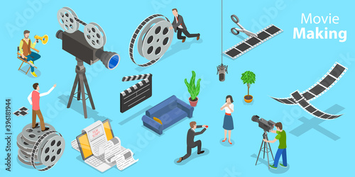 3D Isometric Flat Vector Conceptual Illustration of Movie Making Process.