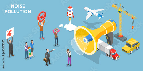 3D Isometric Flat Vector Conceptual Illustration of Noise Pollution, People are Suffering Over Urban Noises.