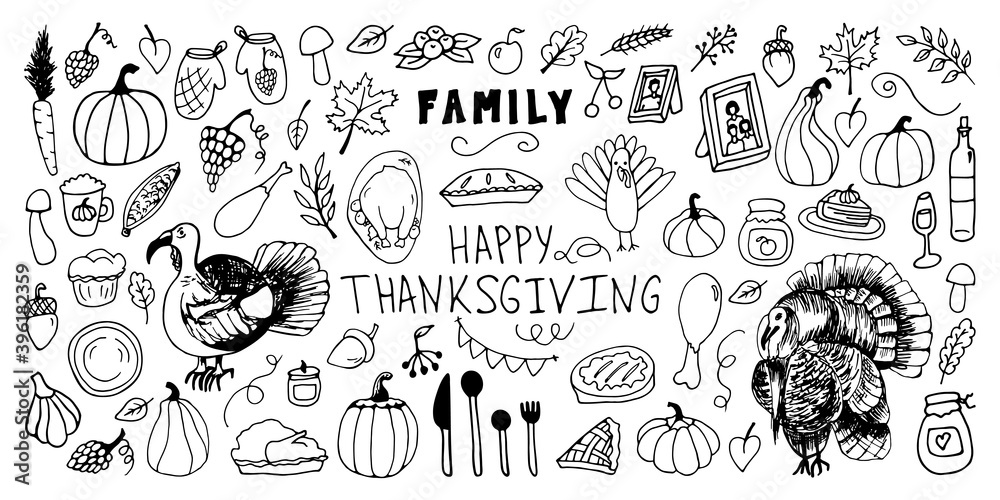Big set Thanksgiving hand drawn doodle. For greeting cards and seasonal design. Doodle vector illustrations turkey, photo frame, wine, glasses, grapes, leaves, pumpkin, pie, jam, mushroom, harvest.