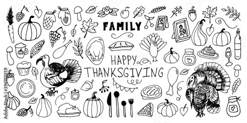 Big set Thanksgiving hand drawn doodle. For greeting cards and seasonal design. Doodle vector illustrations turkey, photo frame, wine, glasses, grapes, leaves, pumpkin, pie, jam, mushroom, harvest.