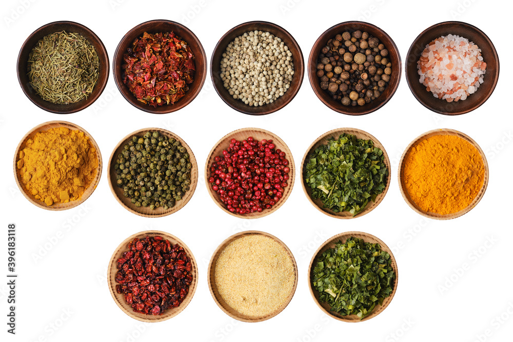 Various spice and herbs in bowls