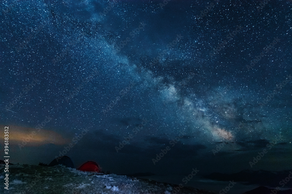 Night photos in the Ukrainian Carpathian Mountains with a bright starry sky and the Milky Way	