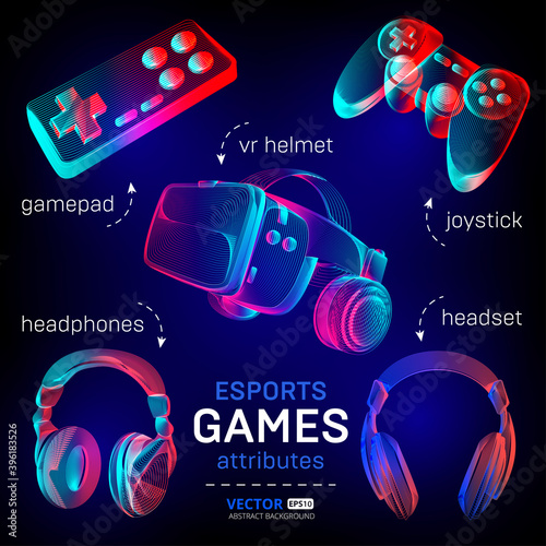 Cybersport games icon set - abstract VR helmet with glasses, headphones, gamepad, joystick. Outline vector illustration of different attributes for retro games and streaming in 3d neon line art style