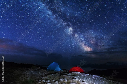 Night photos in the Ukrainian Carpathian Mountains with a bright starry sky and the Milky Way 