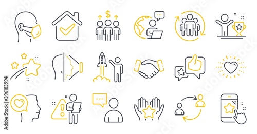 Set of People icons, such as Medical mask, Heart, Ranking symbols. User communication, Users chat, Winner cup signs. Like, Handshake, Star rating. Meeting, Romantic talk, Face id. Teamwork. Vector
