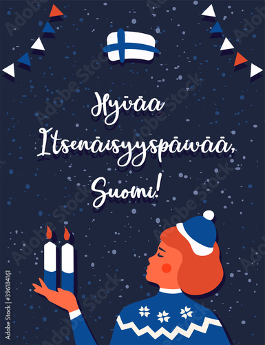 Hyvää Itsenäisyyspäivää - Finland's Independence Day in Suomi language. Girl wearing winter sweater and holding two candles. National public holiday and a flag day on 6 December. Stock greeting card.