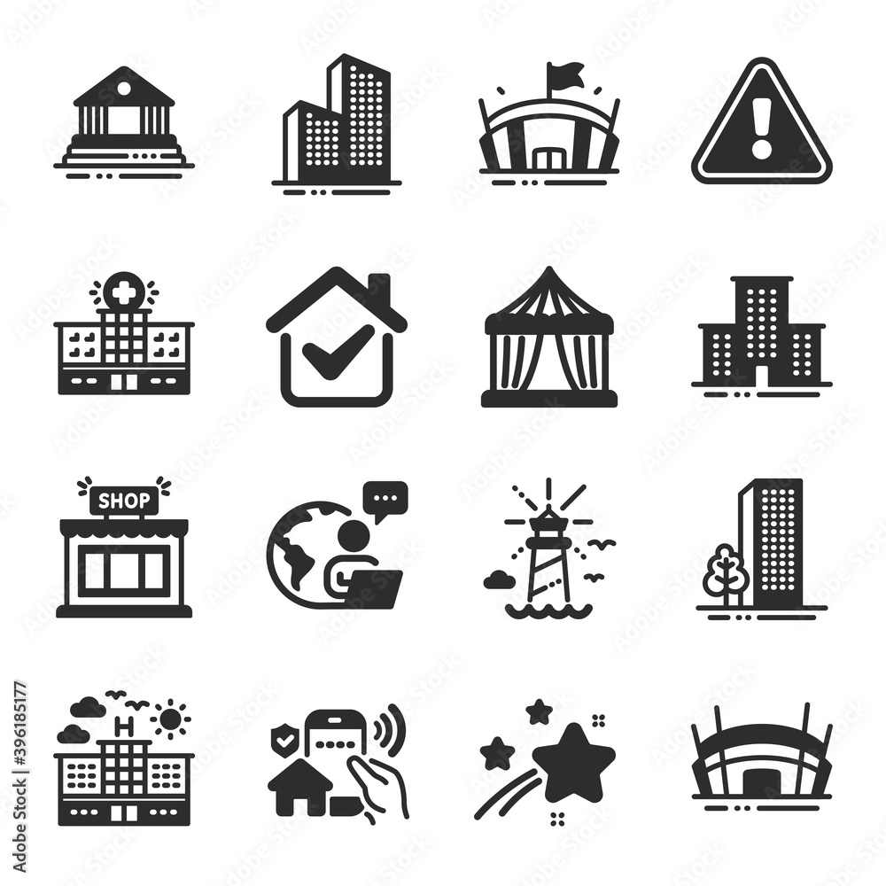 Set of Buildings icons, such as Hospital building, Buildings, Arena symbols. Arena stadium, Lighthouse, Court building signs. Skyscraper buildings, University campus, Circus tent. Shop. Vector Set of Buildings icons, such as Hospital building, Buildings, Arena symbols. Arena stadium, Lighthouse, Court building signs. Skyscraper buildings, University campus, Circus tent. Shop. Vector