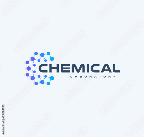 Chemical innovation tech logo, flat cartoon style vector logo concept. Round lattice with nodes, isolated icon on white background. Abstract blue logo for medical technology and developing startup