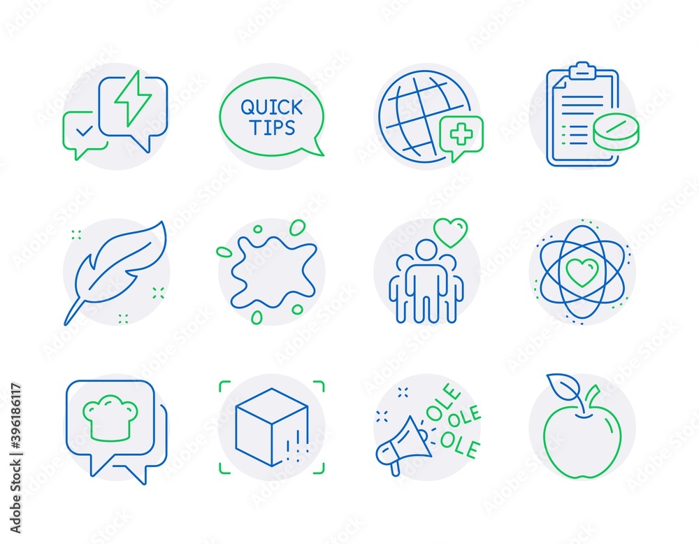 Business icons set. Included icon as Lightning bolt, World medicine, Augmented reality signs. Medical prescription, Feather, Atom symbols. Quickstart guide, Cooking hat, Ole chant. Apple. Vector Business icons set. Included icon as Lightning bolt, World medicine, Augmented reality signs. Medical prescription, Feather, Atom symbols. Quickstart guide, Cooking hat, Ole chant. Apple. Vector