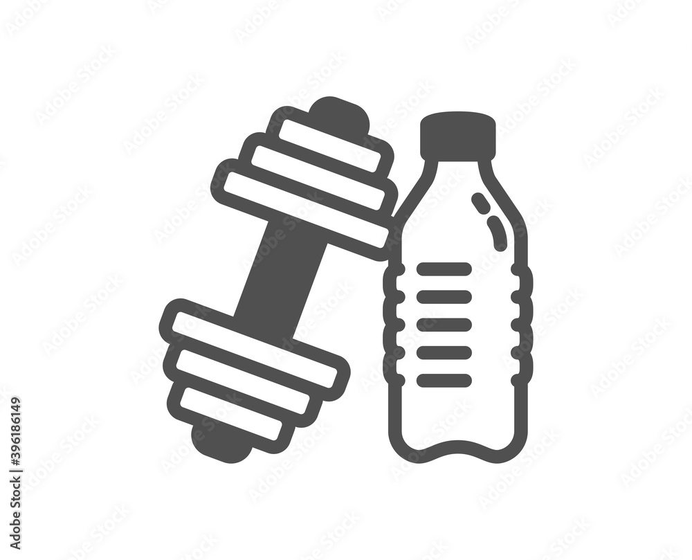 Dumbbell with water bottle icon. Workout equipment sign. Gym fit symbol. Quality design element. Flat style dumbbell icon. Editable stroke. Vector
