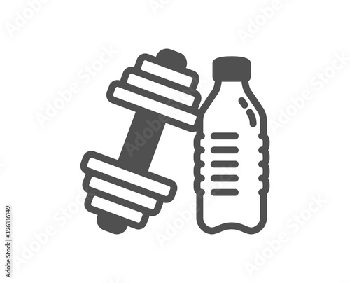 Dumbbell with water bottle icon. Workout equipment sign. Gym fit symbol. Quality design element. Flat style dumbbell icon. Editable stroke. Vector