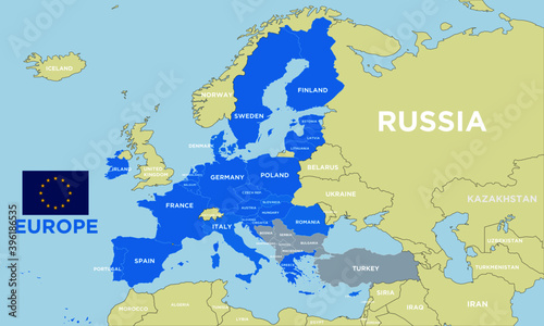 Vector geopolitical map of Europe, with borders, updated to 2021 post brexit, with separate layers, and european community flag.