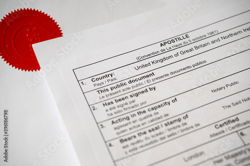 Authentic Apostille certificate document. The red stamp 