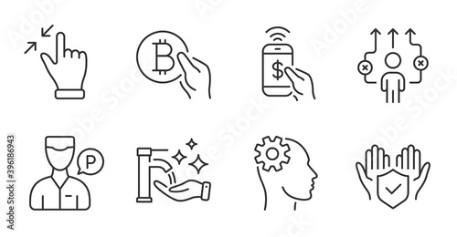 Valet servant, Insurance hand and Washing hands line icons set. Touchscreen gesture, Engineering and Bitcoin pay signs. Business way, Phone payment symbols. Quality line icons. Vector
