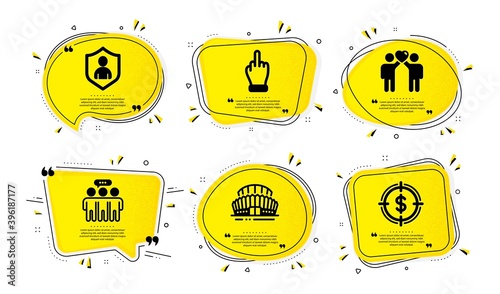 Sports stadium, Employees group and Friends couple icons simple set. Yellow speech bubbles with dotwork effect. Security, Middle finger and Dollar target signs. Vector