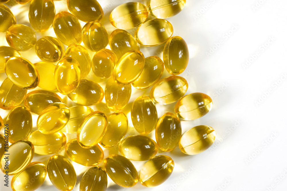 Omega 3 capsules isolated on white background. Fish oil, Healthy Vitamins Omega 3 capsules isolated on white background. Fish oil, Healthy Vitamins
