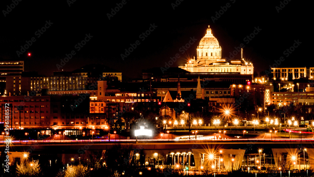 Panorama of St. Paul, Minnesota at night, including the State Capitol building

