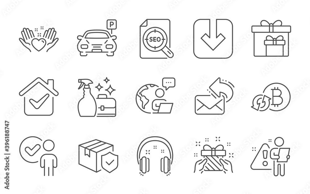 Verification person, Hold heart and Gift line icons set. Refresh bitcoin, Headphones and Parcel insurance signs. Parking, Share mail and Load document symbols. Line icons set. Vector