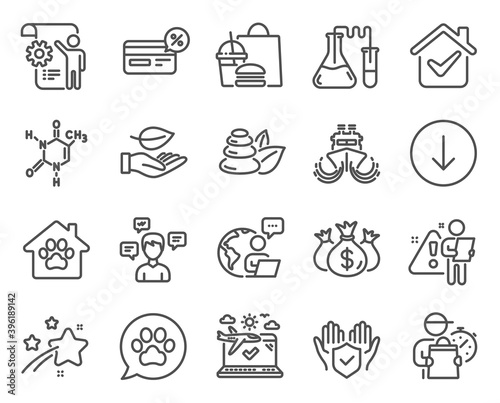 Business icons set. Included icon as Ship, Cashback, Pets care signs. Pet shelter, Leaf, Chemical formula symbols. Scroll down, Spa stones, Settings blueprint. Check investment line icons. Vector