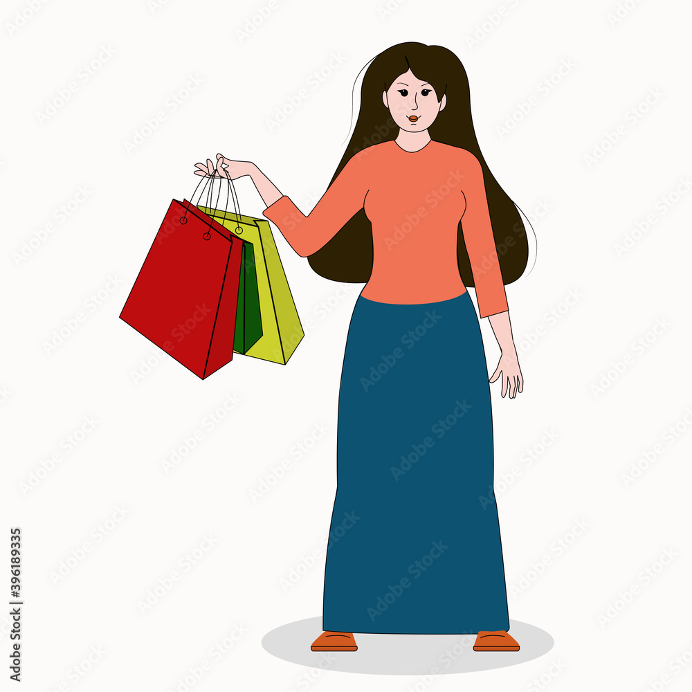 a young brunette woman in a long skirt with bags in her hand. Illustration on the theme of shopping and buying gifts for the holidays