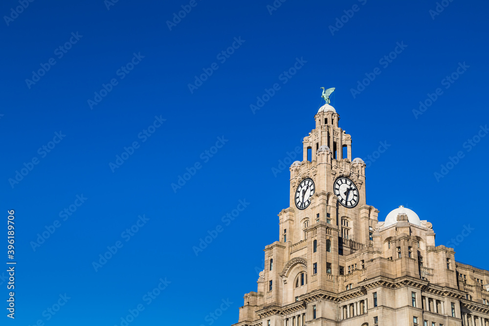 Royal Liver Building against a clear blue sky