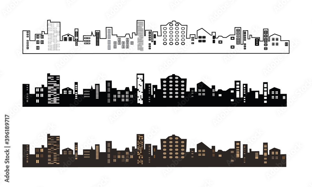 Set of black and brown buildings silhouette