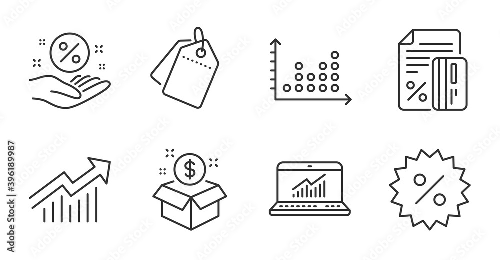 Fototapeta premium Dot plot, Demand curve and Loan percent line icons set. Sale tags, Post package and Discount signs. Online statistics, Credit card symbols. Quality line icons. Dot plot badge. Vector