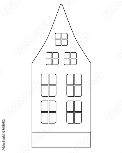 House with basement, windows and attic window - vector linear illustration for coloring. Outline. Cute old Dutch house for coloring book. European classical architecture.