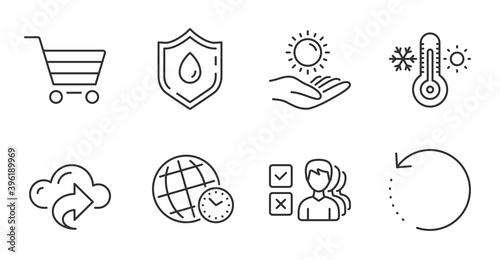 Sun protection, Blood donation and Recovery data line icons set. Thermometer, Market sale and Time zone signs. Cloud share, Opinion symbols. Ultraviolet care, Medicine analyze, Backup info. Vector