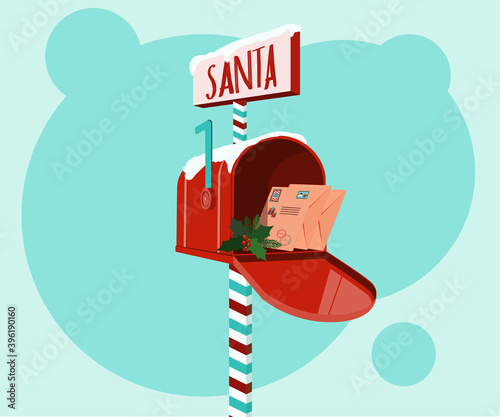Mailbox with letters for Santa. Classic decorative Christmas red box.