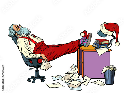 Santa Claus is tired and resting in the office for Christmas