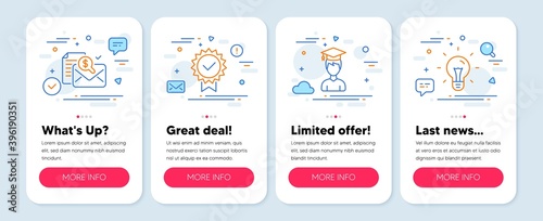 Set of Education icons, such as Student, Accounting report, Certificate symbols. Mobile screen app banners. Idea line icons. Graduation cap, Check finance, Verified award. Light bulb. Vector