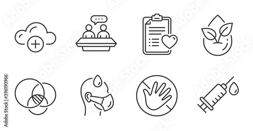 Organic product, Sick man and Medical syringe line icons set. Employees talk, Euler diagram and Do not touch signs. Cloud computing, Patient history symbols. Quality line icons. Vector