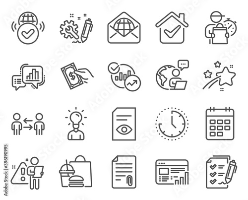 Education icons set. Included icon as Teamwork business, Graph chart, Pay money signs. Attachment, Education, Statistics symbols. Calendar, Time, Web mail. Web report, Verified internet. Vector
