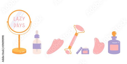 Skin care products for SPA. Vector set of massage roller, gua sha, face oil bottle, mirror isolated on white background. Home beauty routine essensials concept. Flat vector hand drawn illustration. 