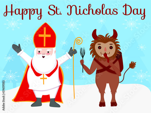 Greeting card with text Happy St. Nicholas day and Saint Nicholas and Krampus cute cartoon characters vector illustration on blue winter snow forest background. Traditional European advent.  