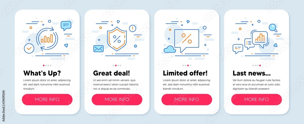 Set of Finance icons, such as Update data, Loan percent, Discount message symbols. Mobile screen app banners. Graph chart line icons. Sales chart, Protection shield, Special offer. Vector