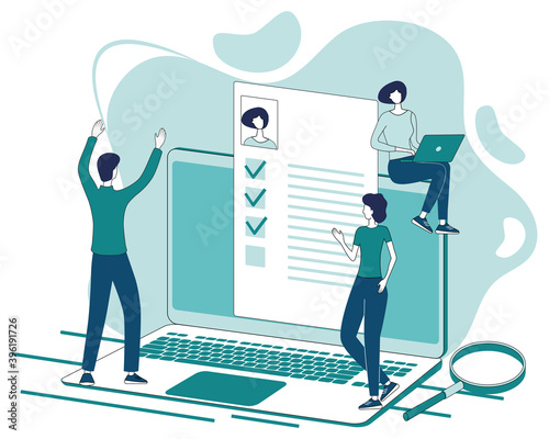 Personnel selection.Virtual headhunting concept, digital job search, job offer and information for job seekers.3D-image.Flat vector illustration.