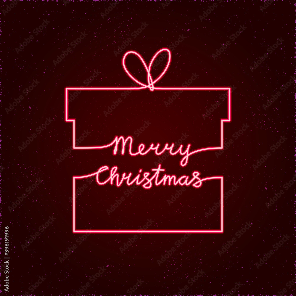 Merry Christmas Glowing Neon Sign Style Logo and Outlined Gift Box Shape Created bySingle Line with Lettering - Red on Black Space Illusion Background - Hand Drawn Doodle Design