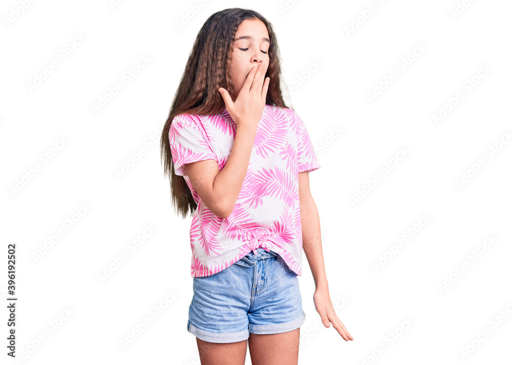 Cute hispanic child girl wearing casual clothes bored yawning tired covering mouth with hand. restless and sleepiness. Cute hispanic child girl wearing casual clothes bored yawning tired covering mouth with hand. restless and sleepiness.