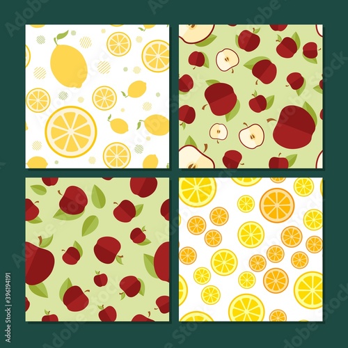 Set of abstract vector seamless patterns with whole fruit icons and slices. Collection of flat, minimalistic cutaway apples and lemons. Background images for packaging design of juice, cards, banners