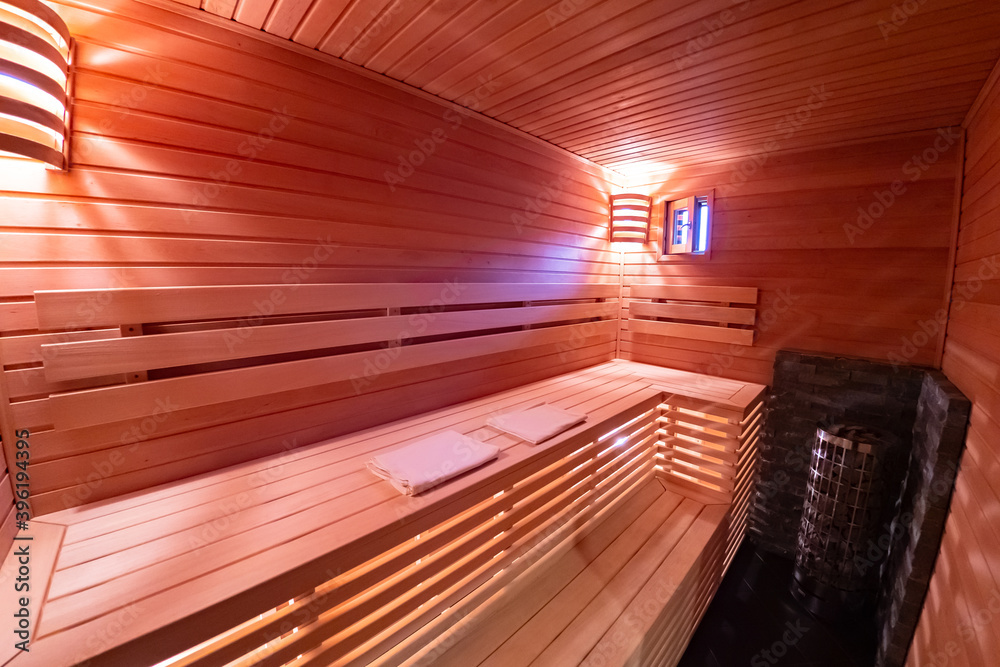 Sauna interior without people. Relax in the hot sauna. Hydrotherapeutic