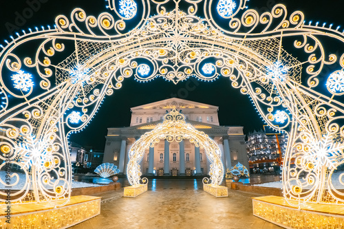 Moscow is decorated for Christmas. Christmas decorations on the streets of the Russian capital. Arches of garlands near the Bolshoi theater in Moscow. Russian capital in the New year. Cities of Russia