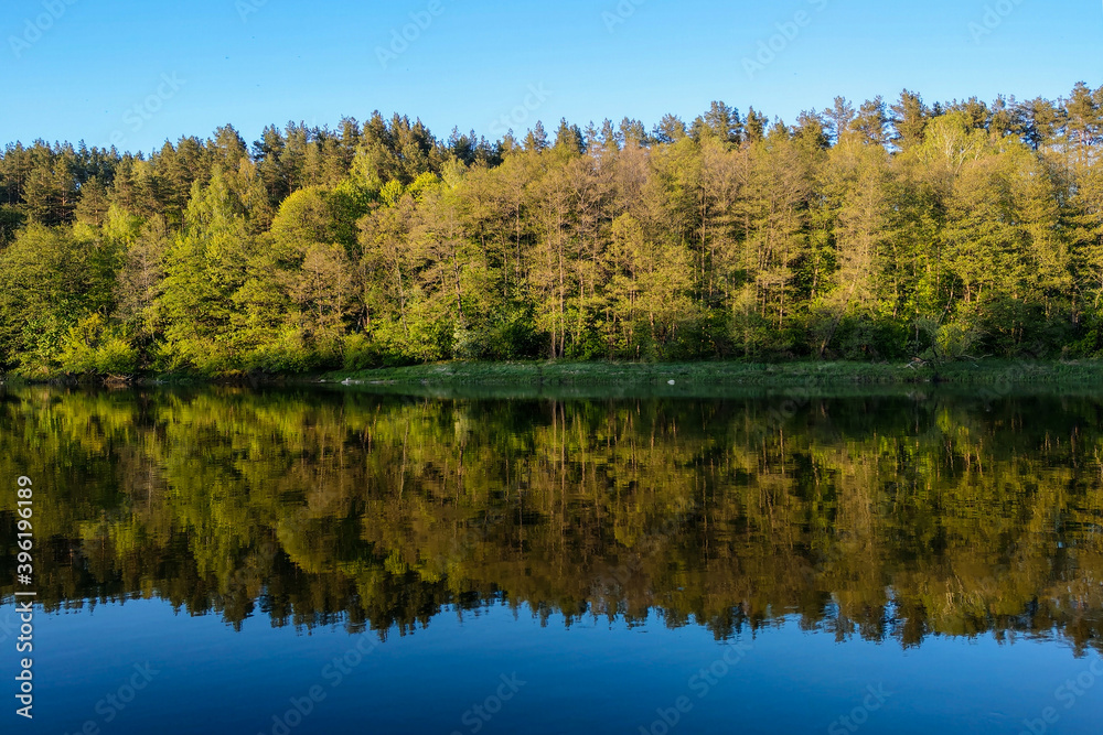 Beautiful river with a forest, the reflection of trees in the water, smooth calm surface of the water without waves.